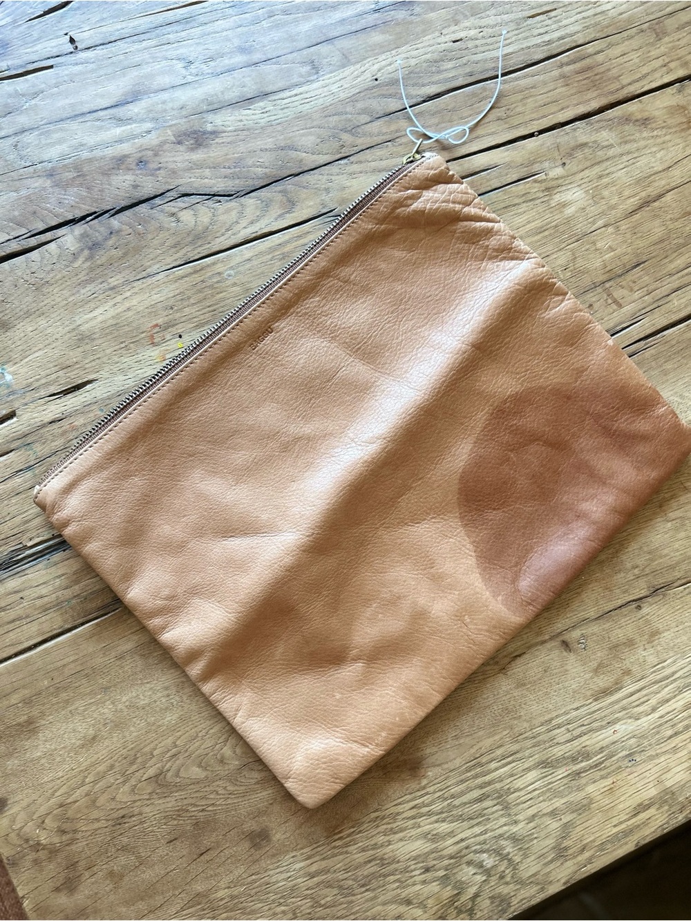BAGGU large leather Zip Pouch cosmetic travel bag Clutch Tan brown oil spill